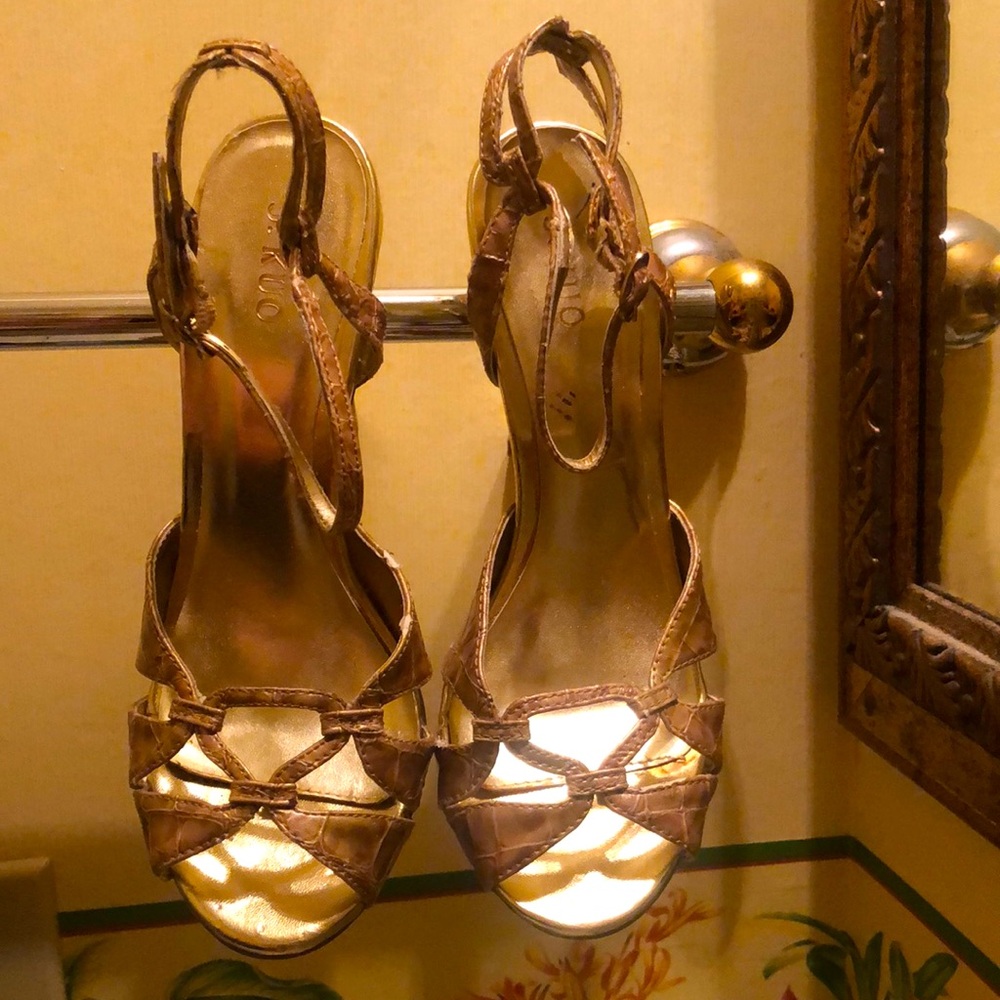 J. Kuo Gold Animal Print Open Toe Heels